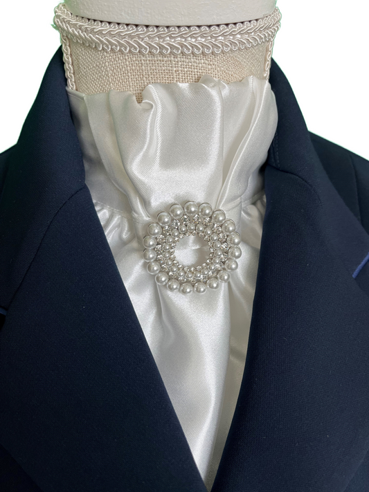 White Satin Stock Tie with Silver & Pearl Brooch