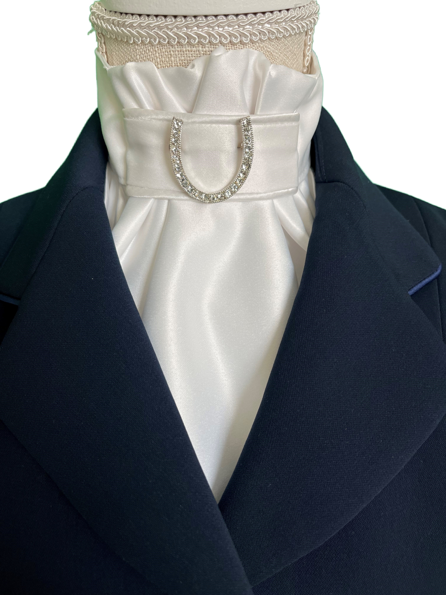 White Satin Stock Tie with Silver Horseshoe Brooch