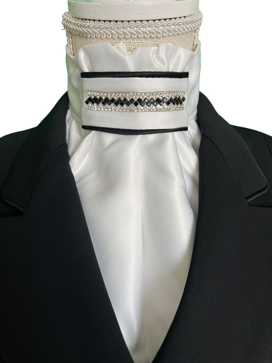 White Satin Stock Tie with Black Piping and Silver & Black Crystal Trim