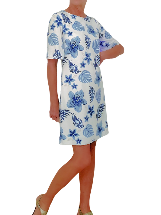 Tropical Print A-Line Dress with Short Sleeves