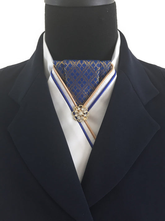White Stock Tie with Royal Blue and Gold Jacquard Center