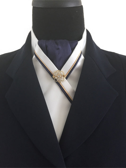 White Stock Tie with Navy Center and Navy & Gold Piping