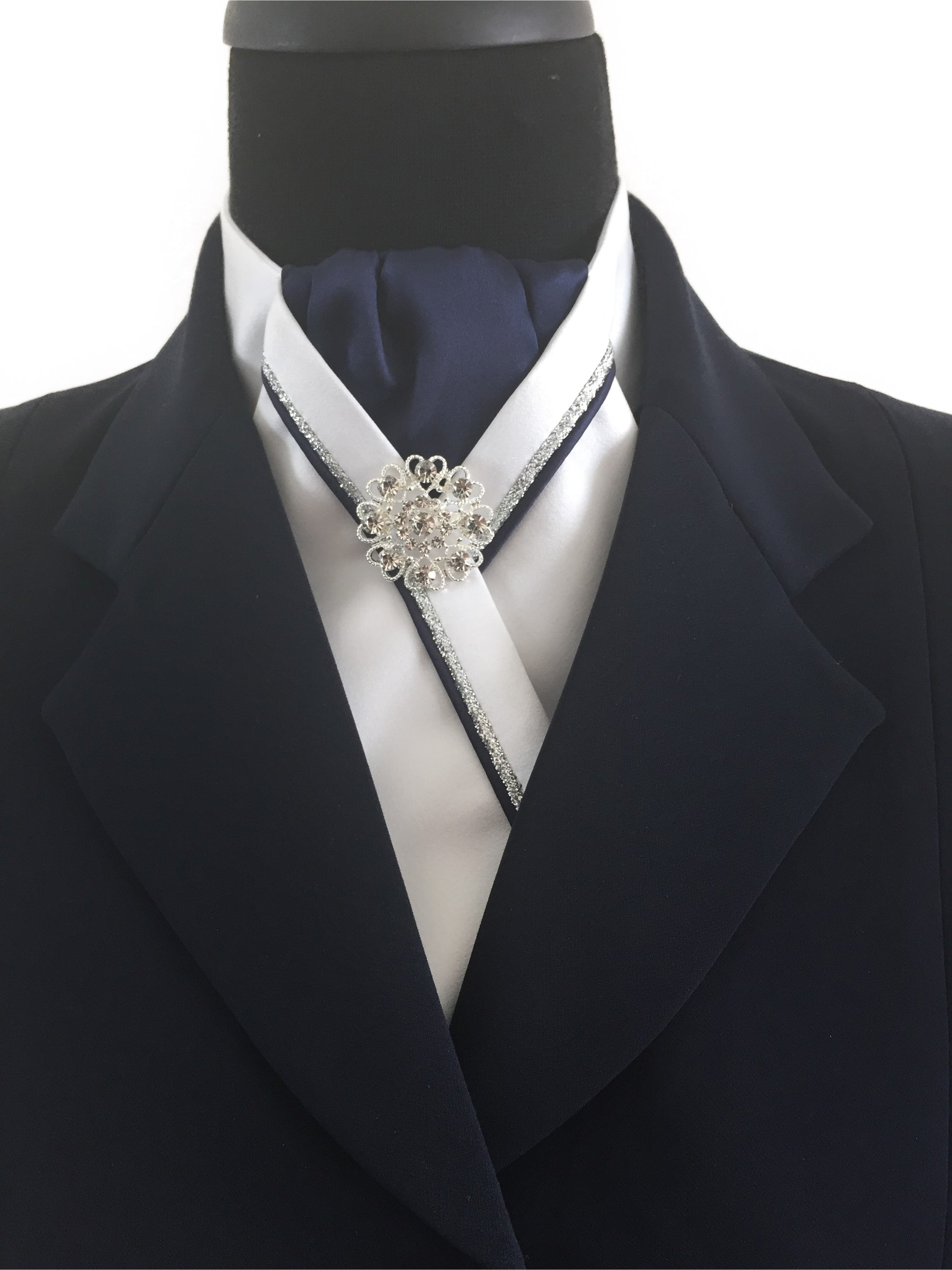 White Stock Tie with Navy Center and Navy & Silver Piping