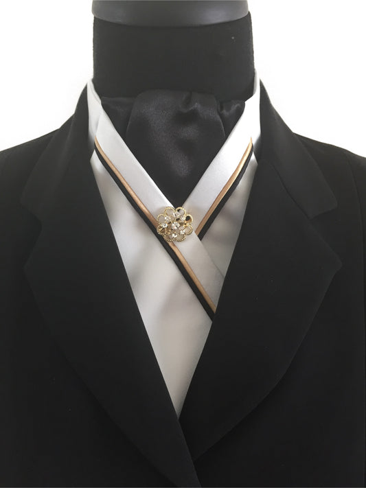 White Stock Tie with Black Center and Black & Gold Piping