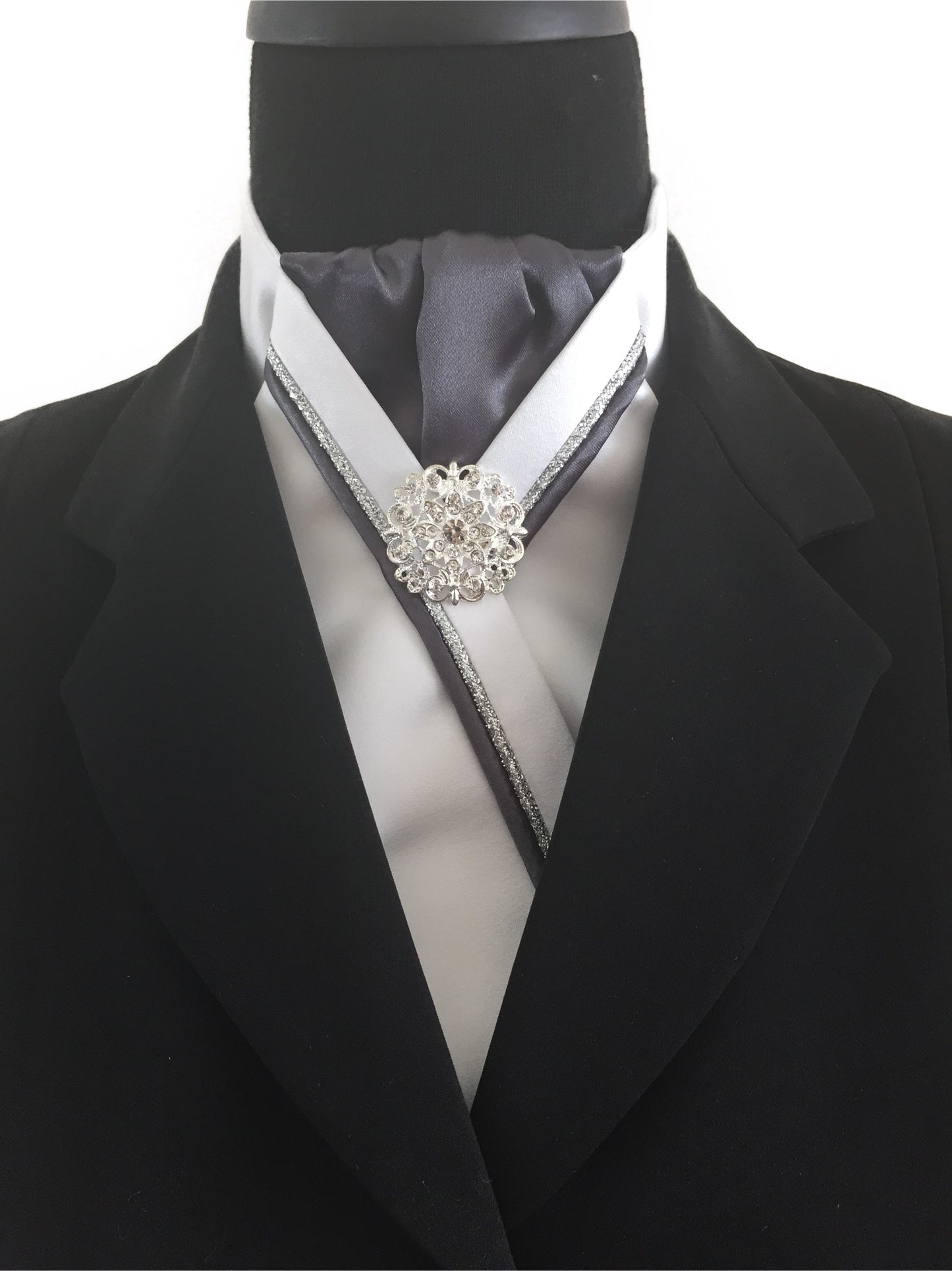 White Stock Tie with Gray Center and Gray & Silver Piping